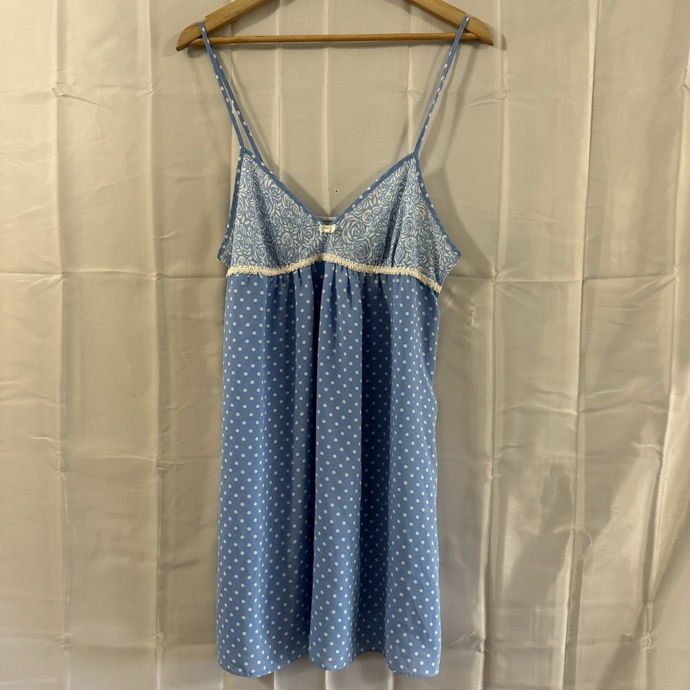 MORGAN TAYLOR babydoll nightie nightgown L Blue Polka Dot Dress Sexy Lingerie